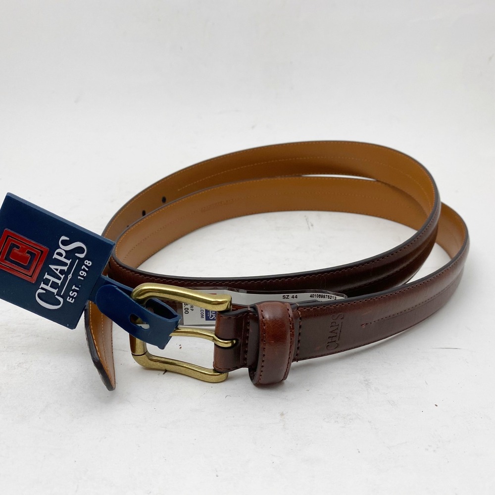 Chaps Dress Belt Mens 44‎ Brown Genuine Leather Stitched Brass Buckle NEW